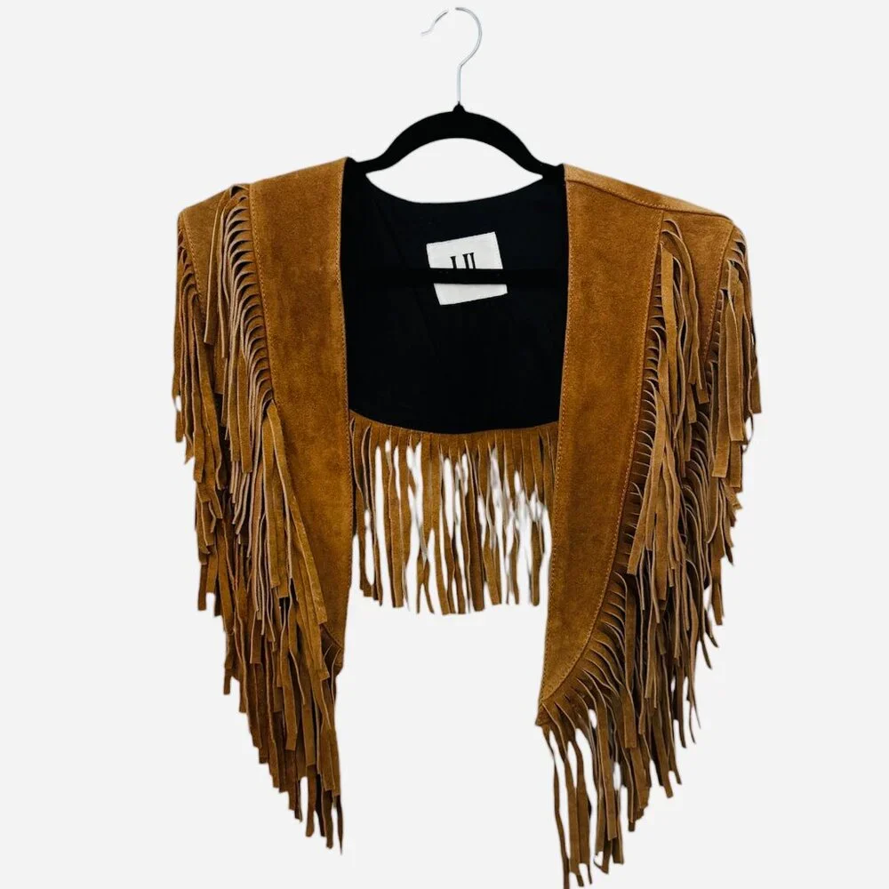 Free People Western Fringe Leather Shawl NWT OS | Tan Suede Fringe Wrap Boho - Picture 11 of 12